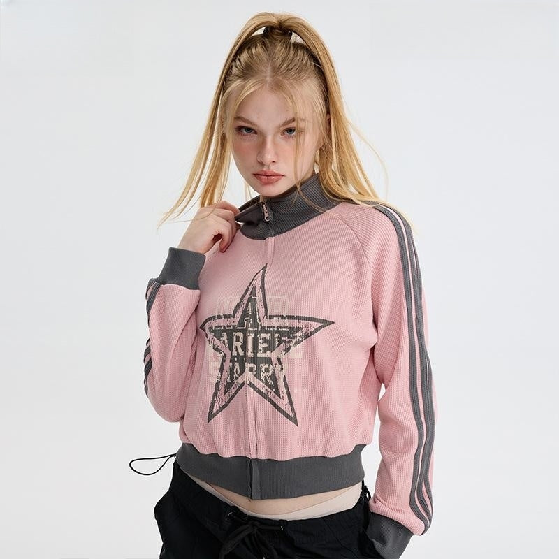Contrast Color Star Letter Print Short Jacket - fairypeony