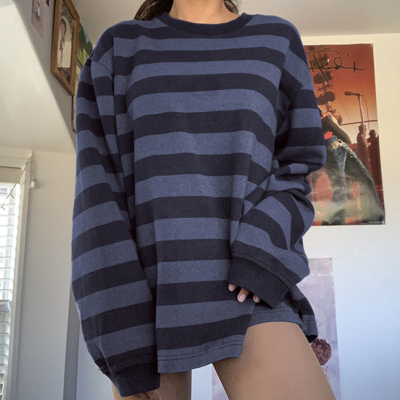Crew Neck Striped Oversize Sweatshirt - fairypeony