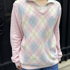 2000s Pink Argyle V-Neck Loose Pullover Sweater – Pastel Diamond Knit Top