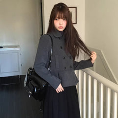 Winter Japanese Style Preppy Slim Fit Woolen Blazer with Button Design
