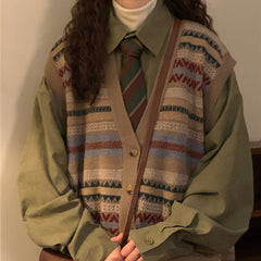 Preppy Print Oversized V-Neck Knitted Vest