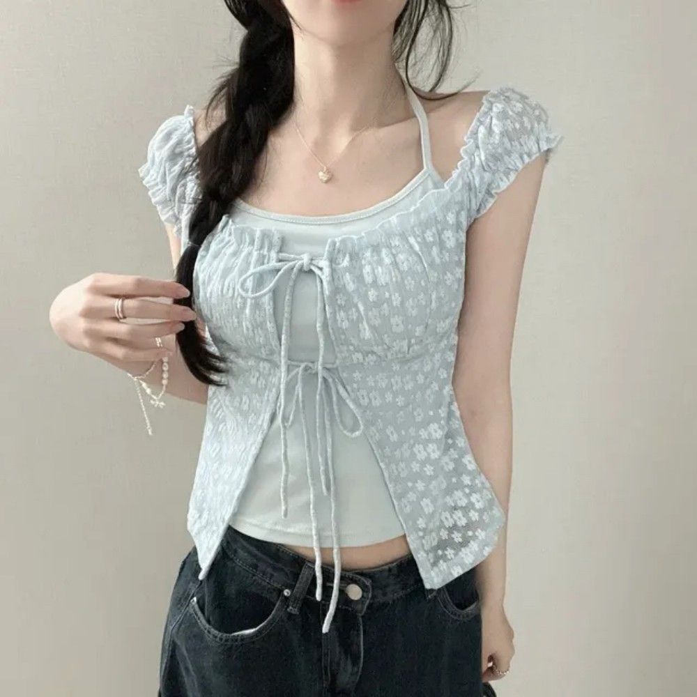 Floral Fake Two-piece halter Blouse - fairypeony