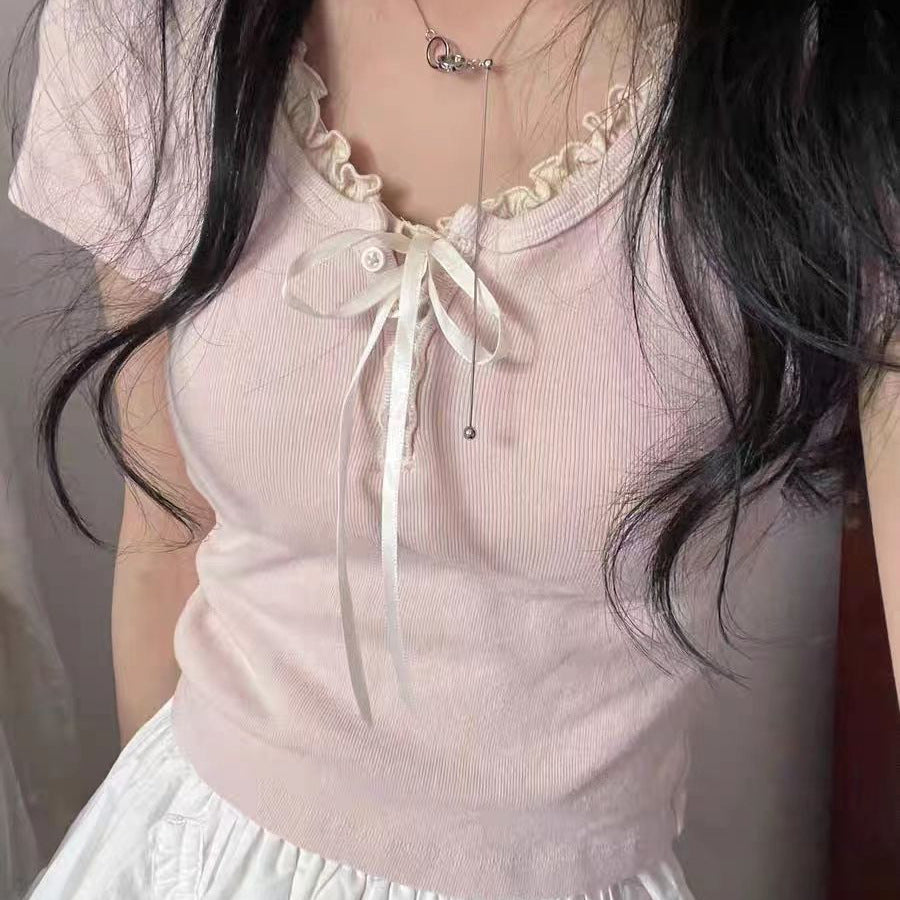 Coquette Tie Front Lace Trim Tee - fairypeony