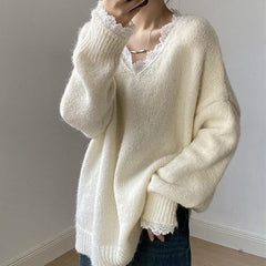 Aesthetic Lace Trim V-Neck Sweater