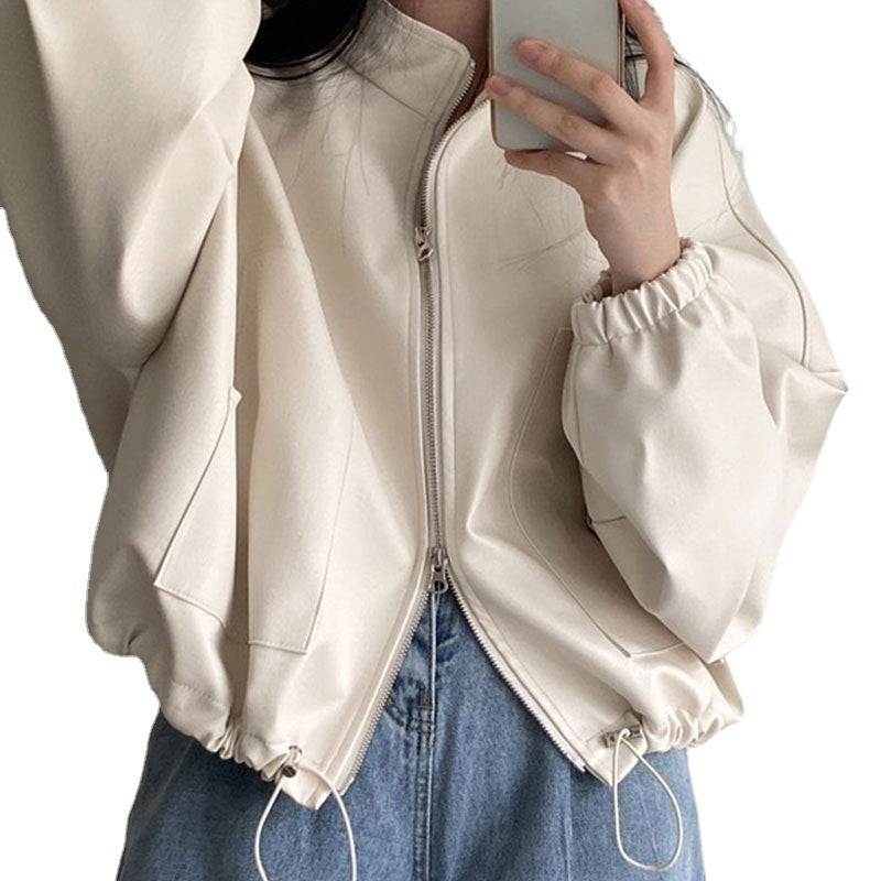 Solid Big Pocket Drawstring Collar Neck Leather Jacket - fairypeony