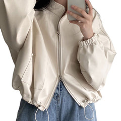 Solid Big Pocket Drawstring Collar Neck Leather Jacket - fairypeony
