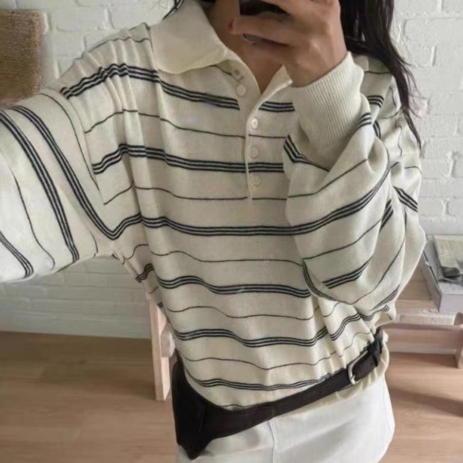 Vintage 90s Polo Collar Striped Sweatshirt - fairypeony