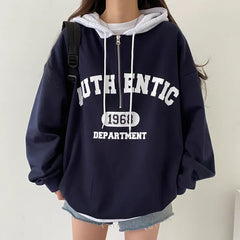 Vintage Letter Print Zipper Oversized Hoodie