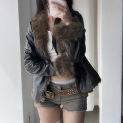 Womens Faux Fur Collar Leather Jacket