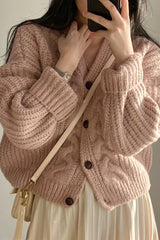 Solid V Neck Puff Sleeve Cable Knit Cardigan - fairypeony
