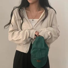 Solid Color Oversized Crop Zip Up Hoodie