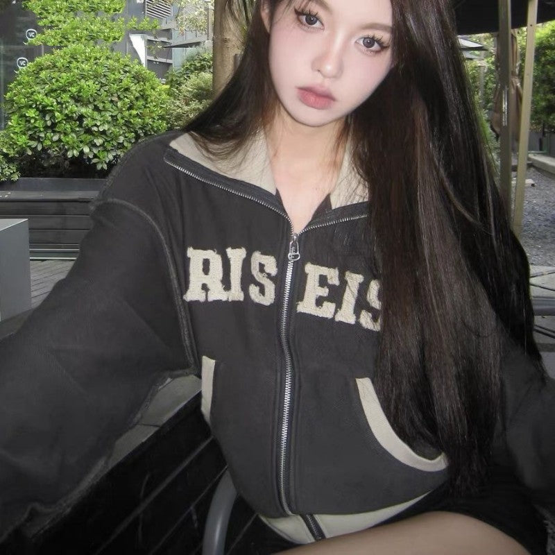 Patchwork Letters Zip Up Jacket - fairypeony