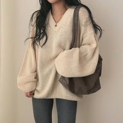 V-Neck Solid Color Pullover Sweater