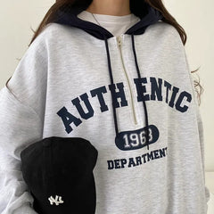 Vintage Letter Print Zipper Oversized Hoodie