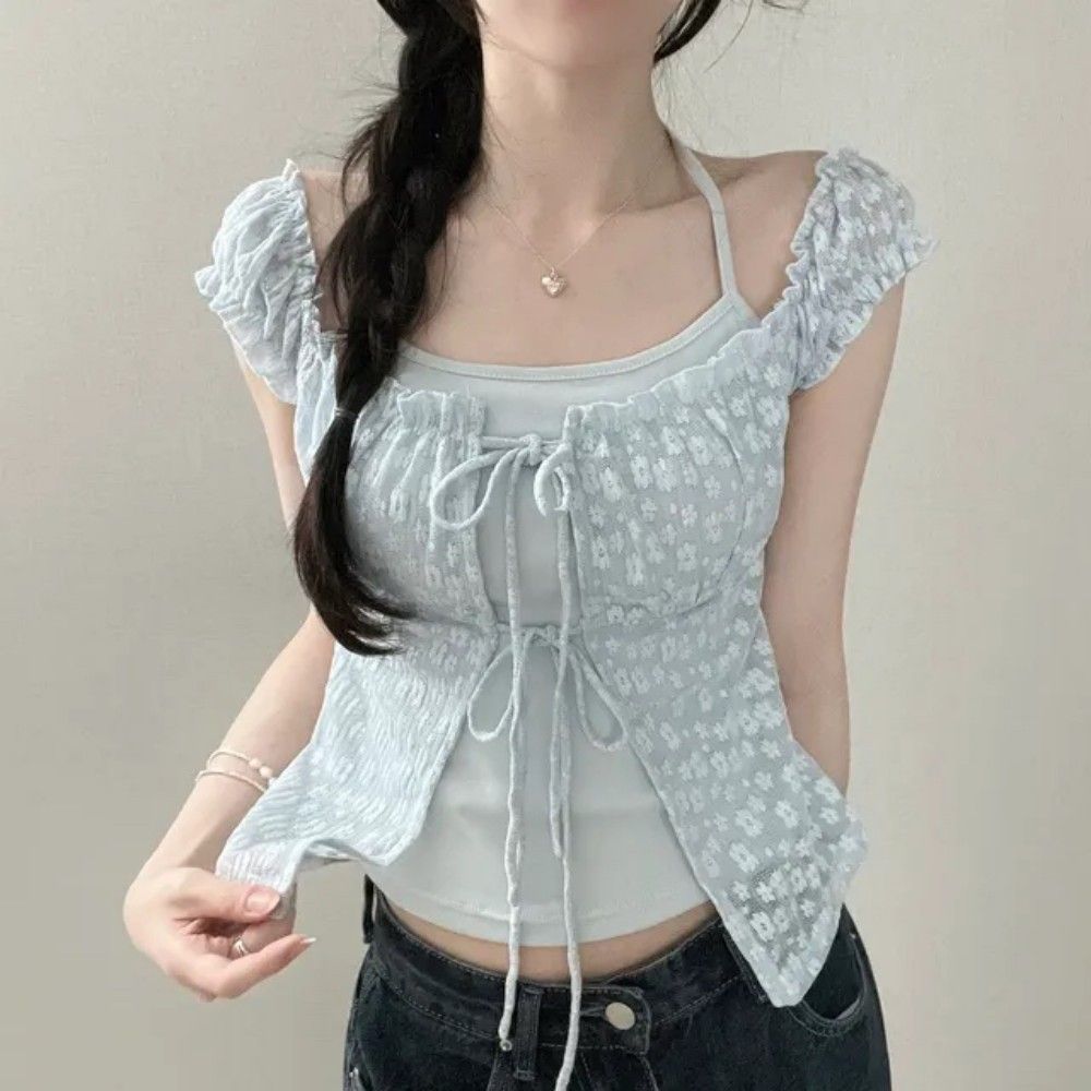 Floral Fake Two-piece halter Blouse - fairypeony