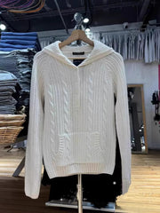 2000s Twisted Stripe Hooded Knit Sweater – Cable Knit Pullover in White One Size
