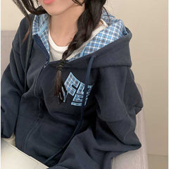Vintage Plaid Oversized Zip Up Hoodie