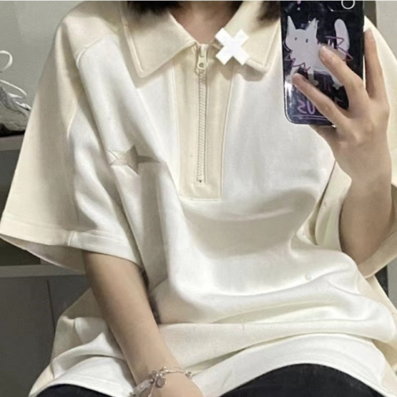 POLO Collar Half Zip Up Short Sleeve T-shirt - fairypeony