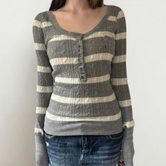Womens Striped Cable-Knit Square-Neck Sweater