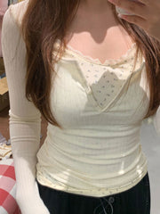 Lace Trim Coquette Long Sleeve Patchwork Tee - fairypeony