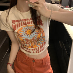 Indie Print Short Sleeve Crop Top - fairypeony