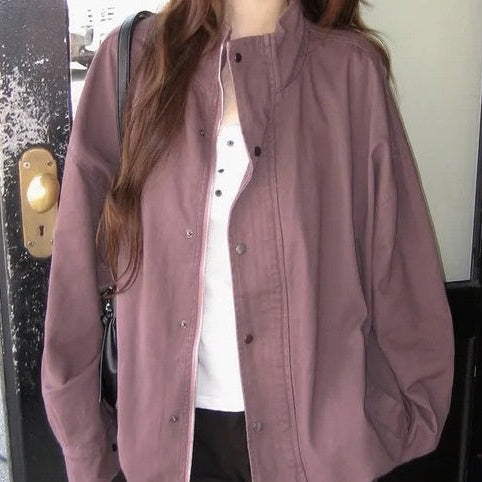 Drop shoulder vintage distressed stand collar jacket in purple, front view