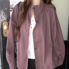 Drop shoulder vintage distressed stand collar jacket in purple, front view