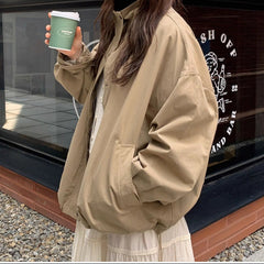 Retro Stand-Up Collar Zip-Up Loose Jacket – Korean Leisure Coat in 2 Colours