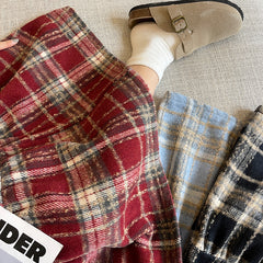High-Waist A-Line Brushed Plaid Mid-Length Cake Skirt