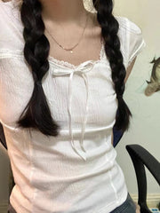 Lace Trim Square Neck Bow Tee