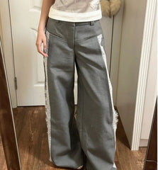 Lace Trim Patchwork Straight Wide Leg Pants