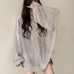 Striped Sleeve Knitted Hooded Zip Up Thin Cardigan