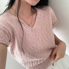 V- Neck Solid Color Short Sleeve Thin Knitted Tee