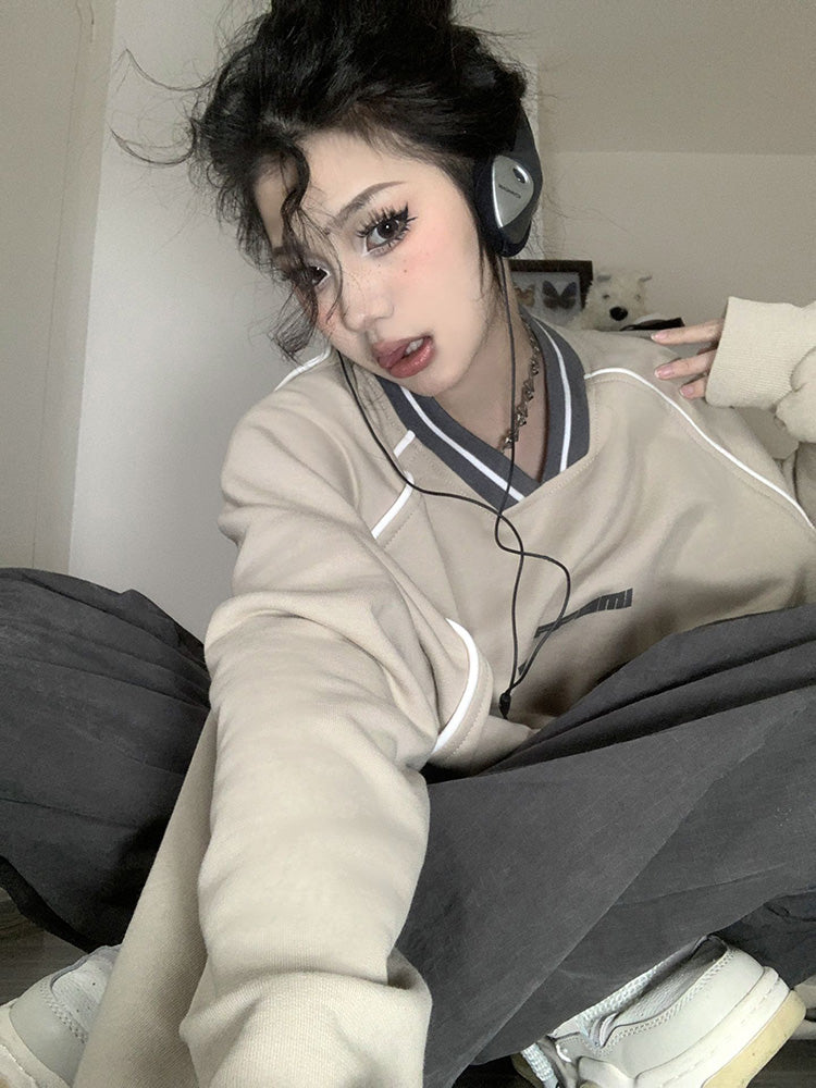 Print V Neck Patchwork Sweatshirt - fairypeony