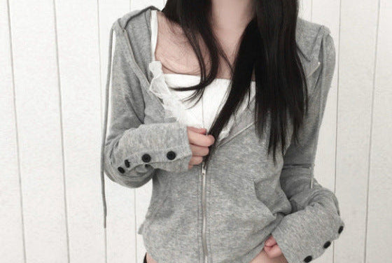Butterfly sleeve hooded knit sweater in Gray, button cuff detail
