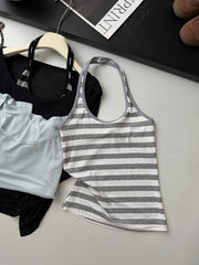 Faux Two-Piece Long Sleeve T-Shirt Set – Slim Fit Layered Tee with Striped Halter Cami in Green & Black (S–M)
