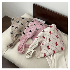 Bow Print Coquette Knitted Tote Bag