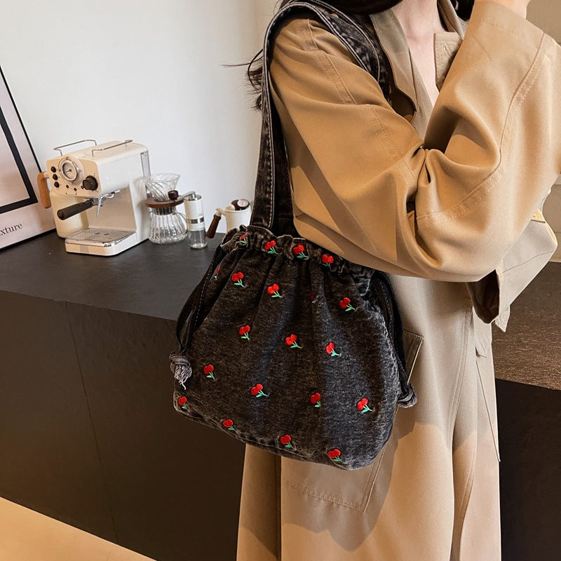 Cherry Embroidery Denim Shoulder Bag - fairypeony