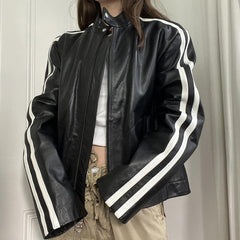 Vintage Side Striped Pu Leather Jacket - fairypeony