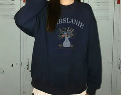 Cotton crew neck sweatshirt in navy blue, embroidered vase design