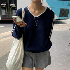 Minimalist V-Neck Striped Sleeve Sweater