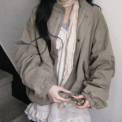 Drawstring Stand Collar Loose Jacket – Windproof Korean Cotton Coat in Khaki