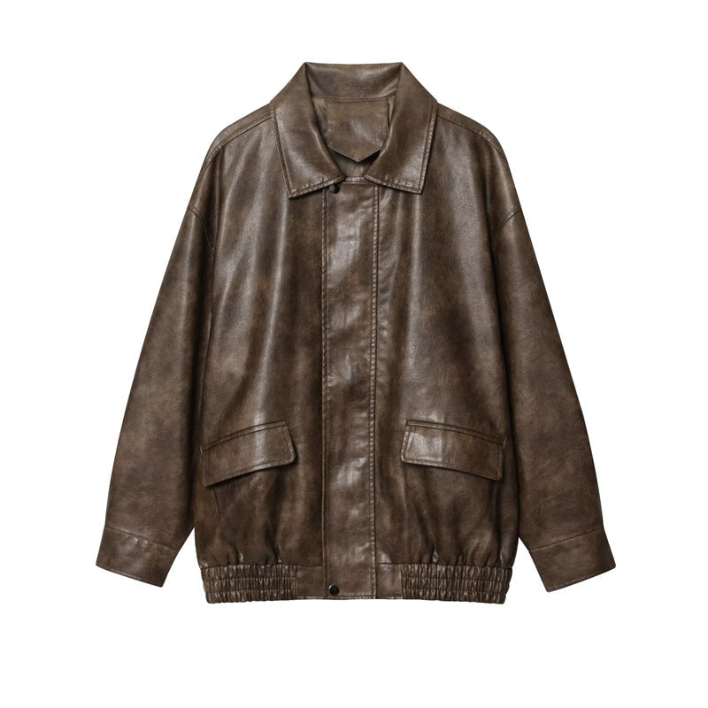 Basic PU Mid-Length Leather Jacket