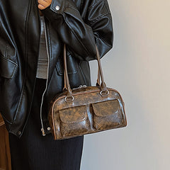 Vintage Wash Pu Leather Big Pocket Shoulder Bag