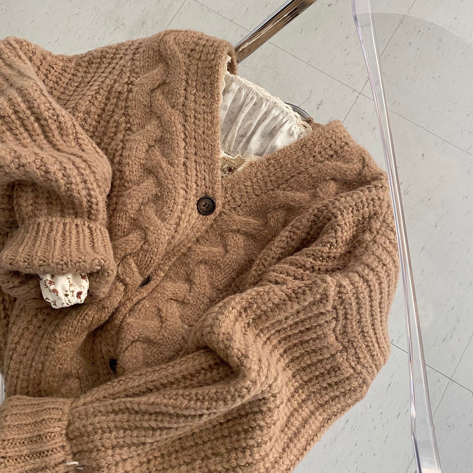 Solid V Neck Puff Sleeve Cable Knit Cardigan - fairypeony