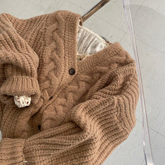 Solid V Neck Puff Sleeve Cable Knit Cardigan - fairypeony