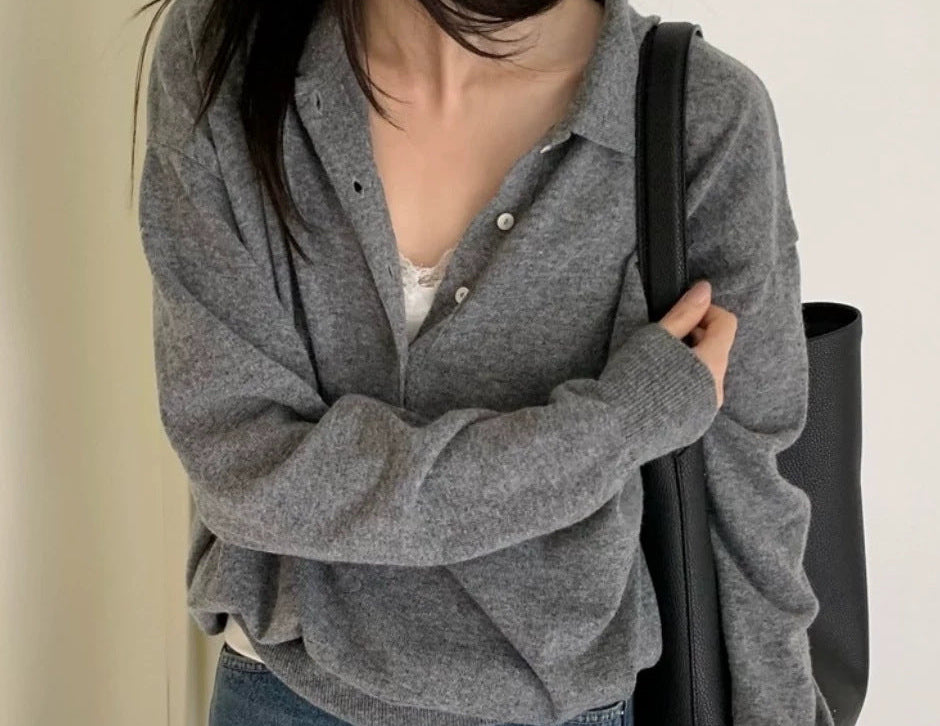 Long sleeve knit polo sweater in Gray