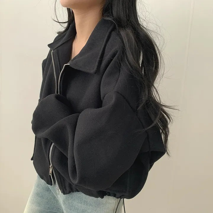 Solid Color Loose Double Pocket Wool Jacket - fairypeony
