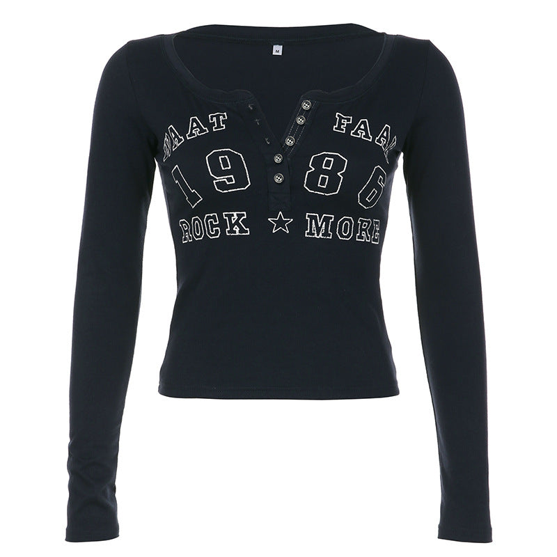 Number Letter Print Breasted Slim Long Sleeve Tee - fairypeony