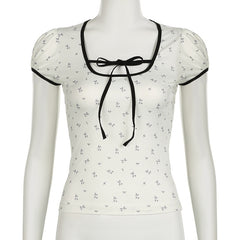Floral Print Lace-up Hemming Puff Short Sleeve Knitted Top